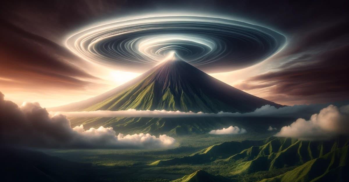 Lenticular Cloud Atop the Mayon Volcano, Philippines. Scalar Energy Creates Lenticular Clouds in the Vicinity of Many Volcanoes and Mountains