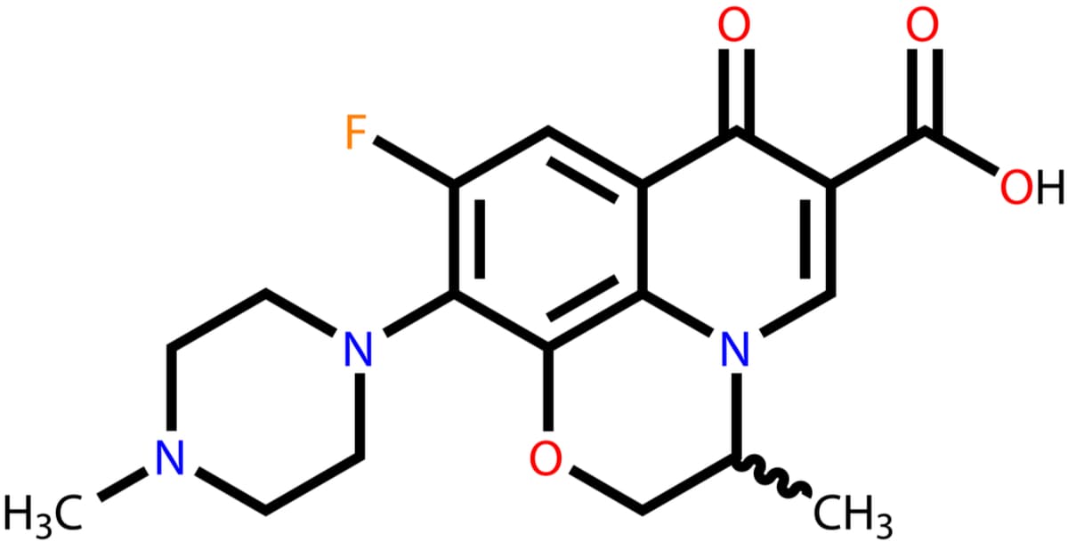 Antibiotic ofloxacin structural formula, ofloxacin is a bactericide based on first-generation quinolones